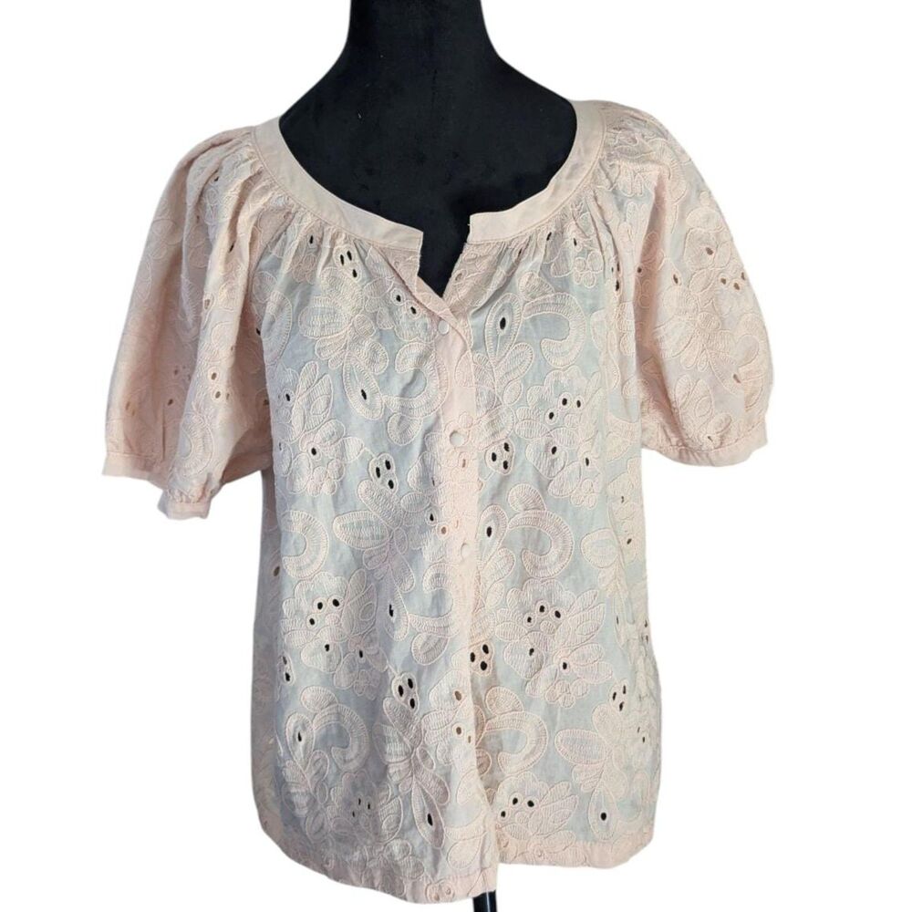 CALYPSO St. Barth Blouse M 100% Cotton Eyelet Pink Resortwear Puff Sleeve Tunic